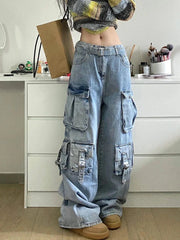 Vintage Washed Multi-Pocket Cargo Jeans