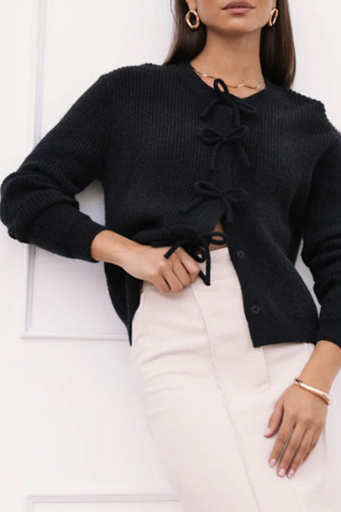 Black Tie-Front Ribbed Cardigan