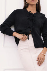 Black Tie-Front Ribbed Cardigan